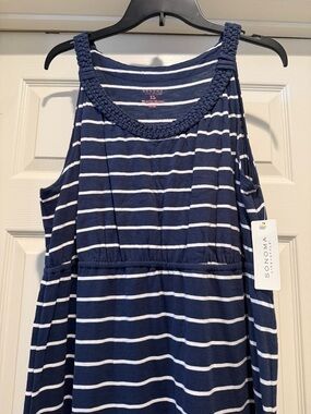 NWT Resortware Beach Day Cover Up Navy White Striped Tank Braided Neckline XL